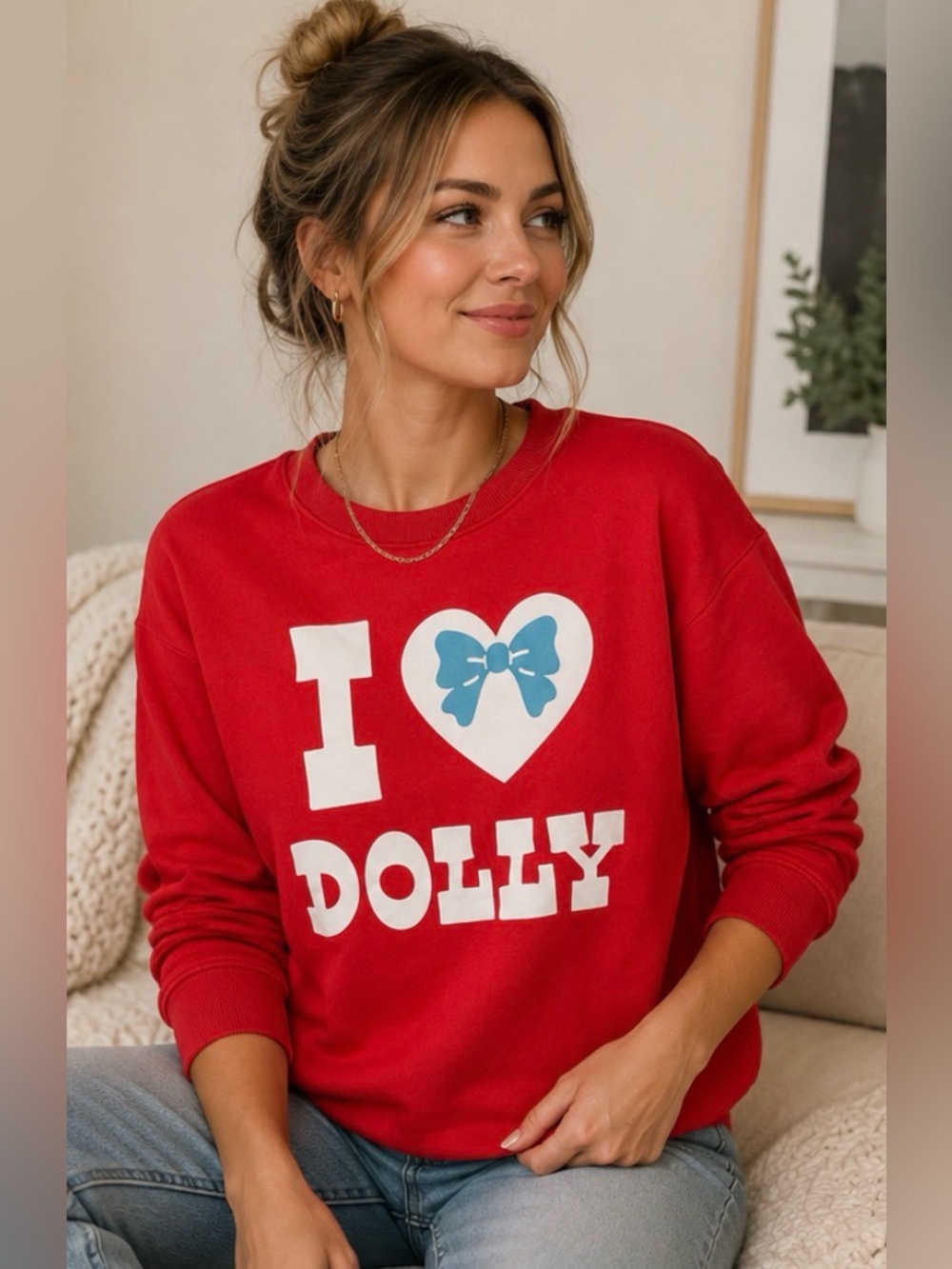 260 Dolly “I ❤️ Dolly” Red Graphic Sweatshirt Bow Heart Pullover Size Medium